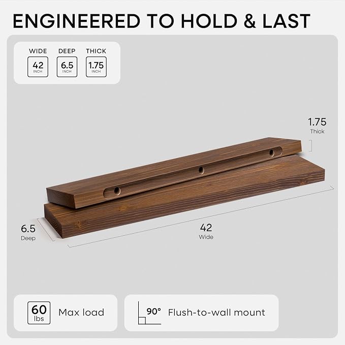 Homeforia Classic Walnut 42 inch Floating Shelf, High End Solid Real Wood Small - Image 2
