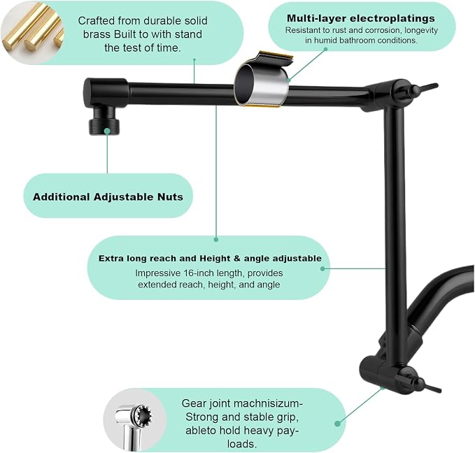 Shower Head Extension Arm, 16 Inch Solid Brass Adjustable Extender - Image 7
