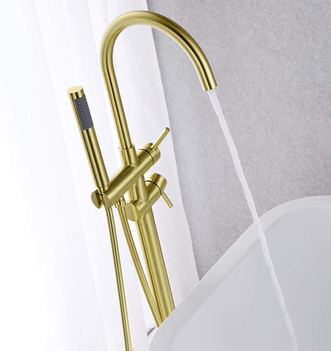 Freestanding Tub Filler Bathtub Faucet Brushed Gold Floor Mounted Brass Faucets - Image 5