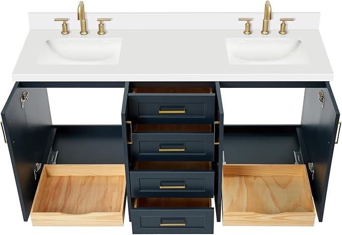 ARIEL Taylor 67" Midnight Blue Double Vanity, 1.5" Edge Pure White Quartz - Image 5