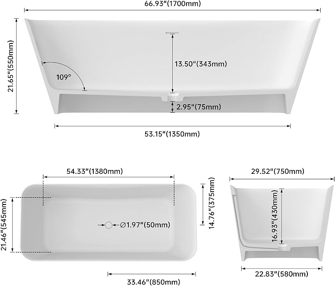 67" Premium Solid Surface Stone Resin Freestanding Bathtub, Matte White Stand - Image 4