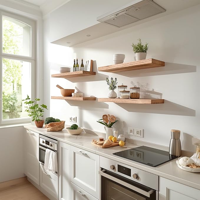 Light Wood Floating Shelves for Wall Rustic Wall Shelves for Bedroom Set of 6 - Image 5