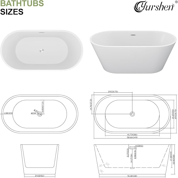 59" Freestanding Acrylic Bathtub White Roll Top Soaking Tub - Image 8