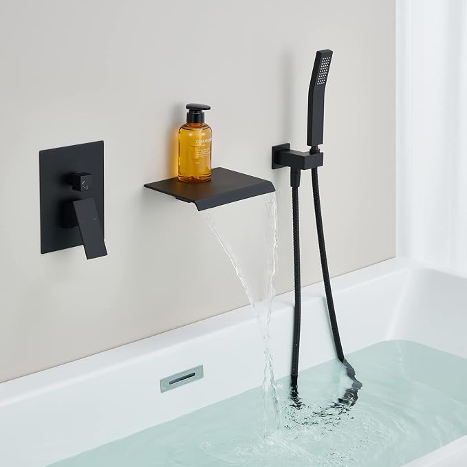 Wall Mount Tub Filler Waterfall Tub Faucet Black Bathtub Faucet Brass Single - Image 3