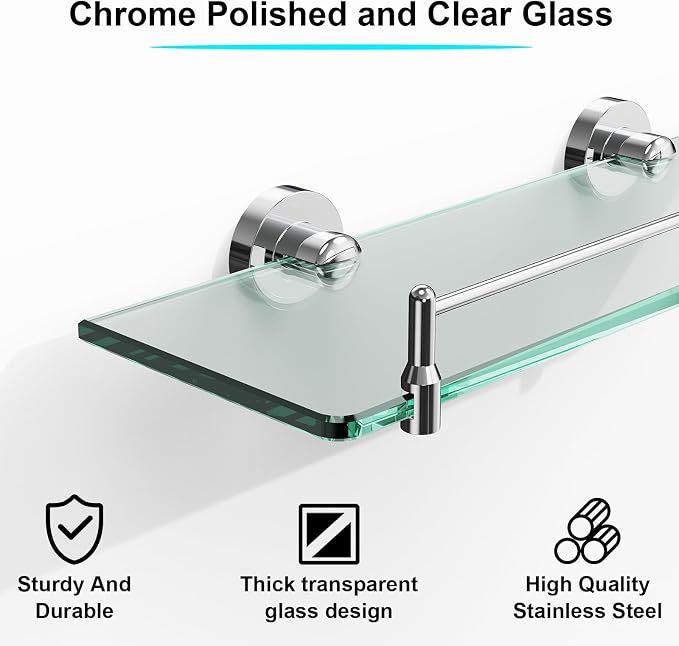 Glass Bathroom Shelves, Chrome Polished Floating Shelves - Image 5