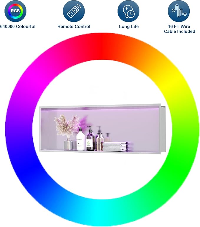 36X12 RGB Shower Niche, Brushed Nickel Stainless Steel LED Wall Niche, No Tile - Image 6