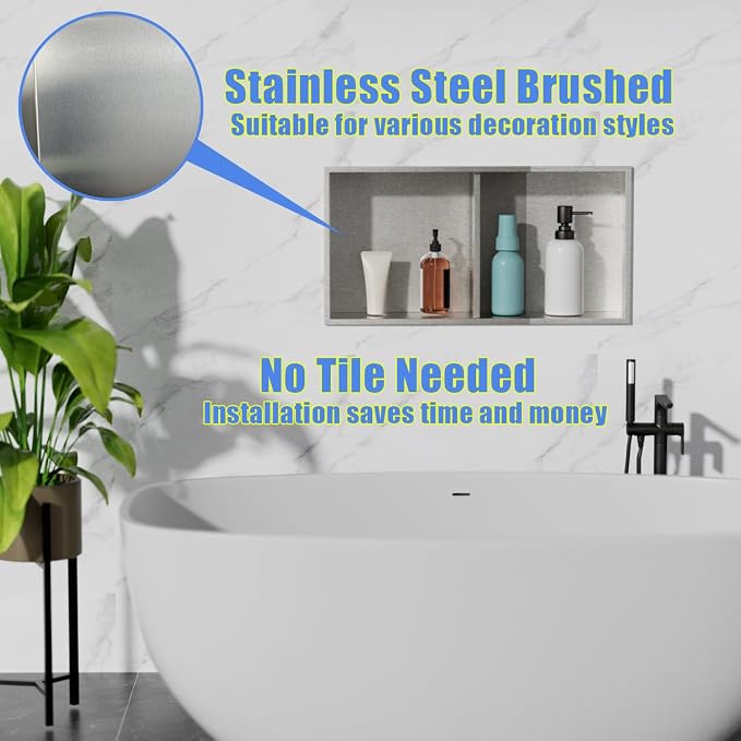 Stainless Steel no Tile Needed Metal Niche, Double Shelves，Stainless Steel - Image 4