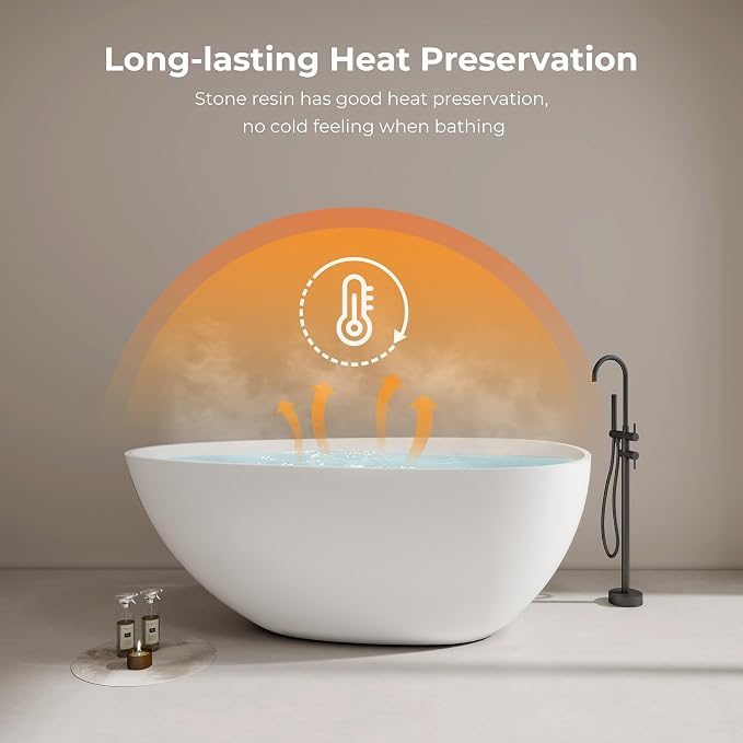 Premium 59" Solid Surface Freestanding Bathtub, Upgraded Oval Stone Resin Egg - Image 9