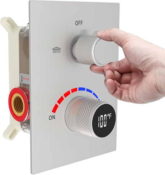 Temperature Display 2 Way Shower Valve Brass Rough-in and Rectangle Trim Kit by FULAIWANG