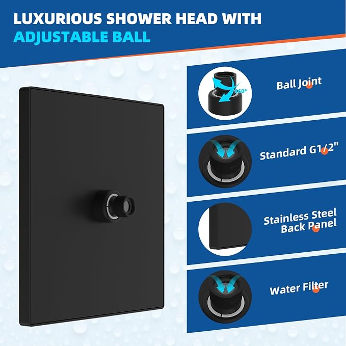 Hibbent Thickness Metal Rain Shower Head, 12 Inch High Pressure Shower Heads - Image 4