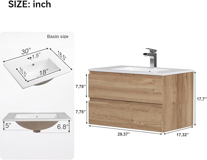Floating Bathroom Vanity with Sink Wall Mounted Cabinet with 2 Soft-Close - Image 2