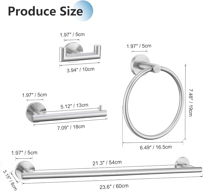 TNOMS Brushed Nickel 5 Pieces Towel Bar Set Bathroom Hardware Set Upgraded - Image 6