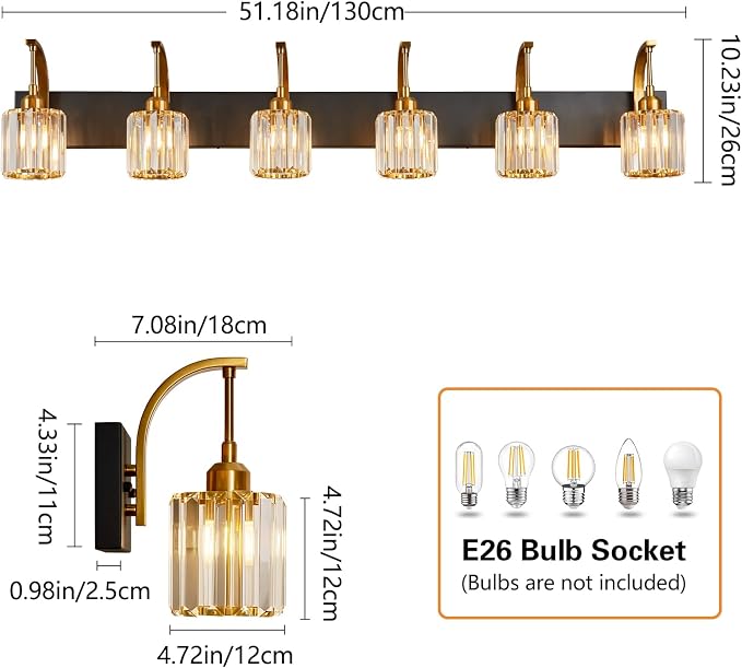 6-Light Crystal Vanity Light, 51.18" Long Over Mirror Lighting - Image 4
