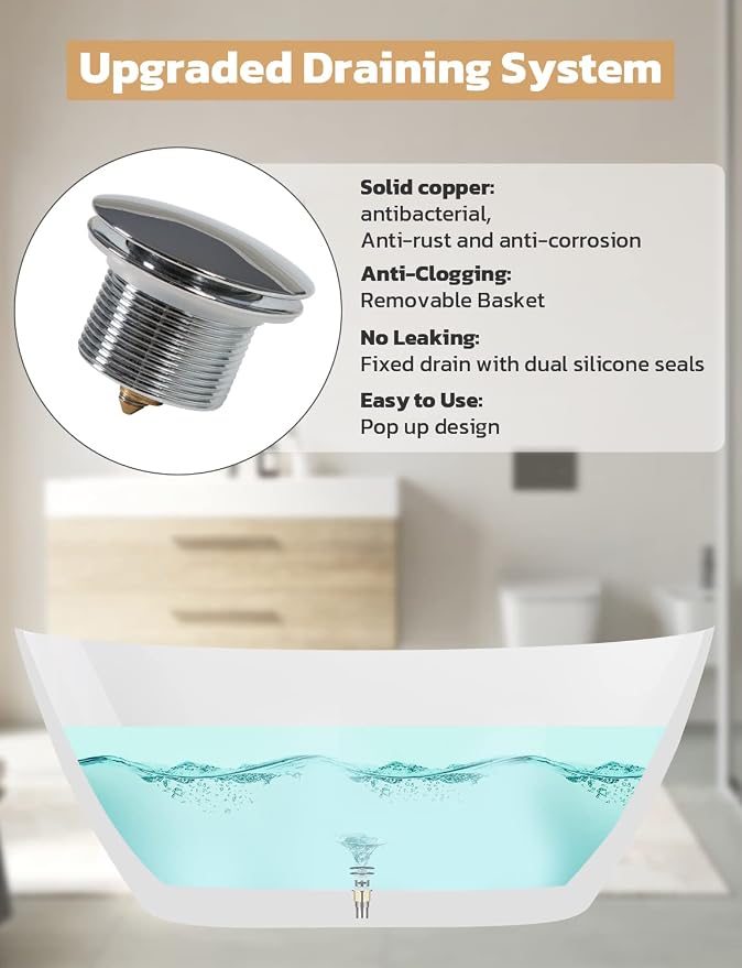 55" Sleek White Acrylic Freestanding Bathtub, Soaking Tub - Image 8