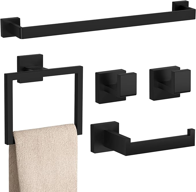 5-Pieces Matte Black Bathroom Accessories Set, 23.6 Inch Bath Towel Bar Set by PNWNNHInc