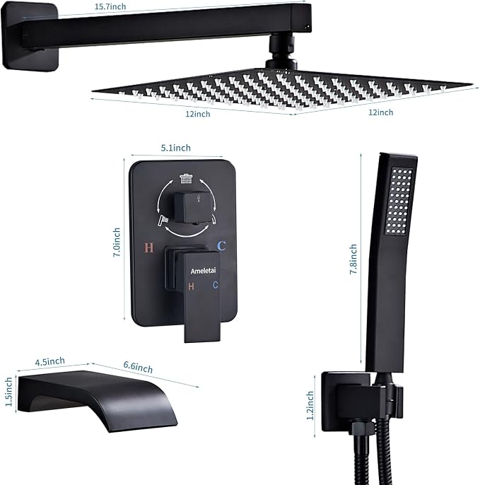 10" Matte Black Shower Faucet Set – Square Rainfall Showerhead + Handheld & - Image 6