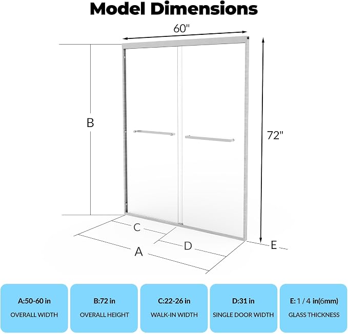 50-60" W x 72" H Bypass Shower Door, Aluminum Alloy Frame, Dual 6mm Tempered - Image 2