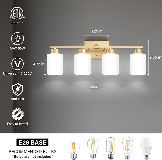 Gold Bathroom Light Fixtures, 4-Light Modern Vanity Light Over Mirror, Wall - Image 2