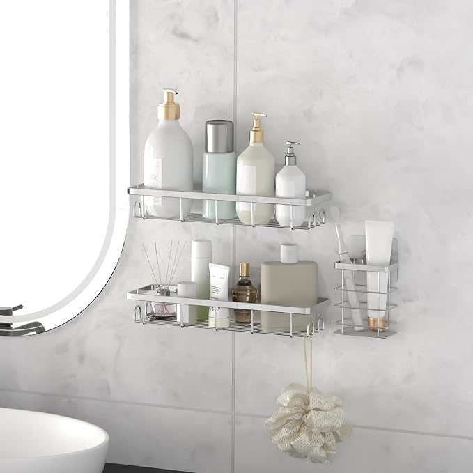 Shower Caddy Organizer with Hooks, Self Adhesive Bathroom Shelves, Shower - Image 7