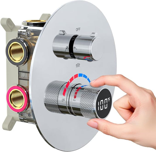 Temperature Display Shower Valve 3 Way Brass Rough-in Mixer and Round Trim Kit by FULAIWANG