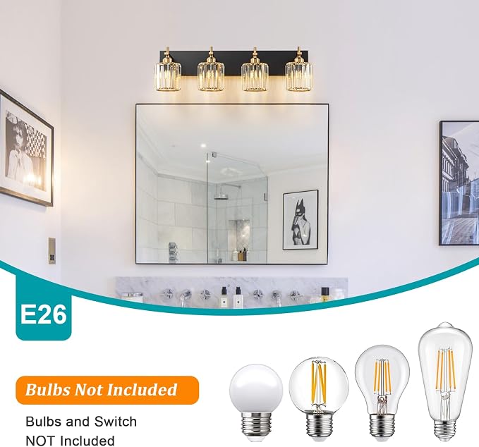 Black Gold Crystal Bathroom Vanity Light, Modern 4-Lights Bathroom Light - Image 4