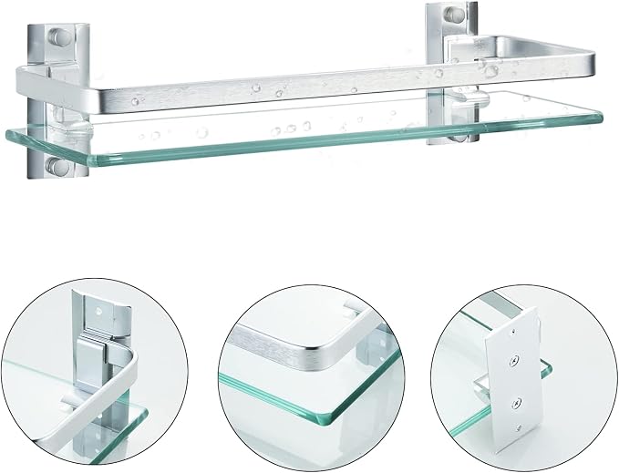 AIJALY 2 Pack Bathroom Glass Shelf, 15.7 Inches Silver Bathroom Shower Glass - Image 5