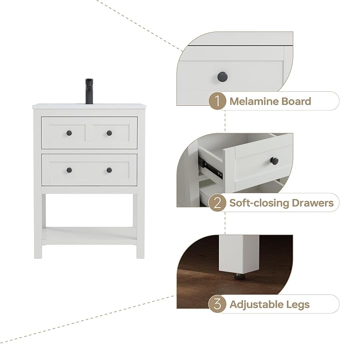 24 Inch Bathroom Vanity with Sink, Modern Bathroom Single Sink Vanity, Storage - Image 3
