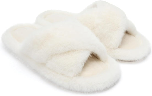 Chantomoo Womens Slippers Memory Foam Fuzzy Cross Band Faux Fur Slippers by Chantomoo