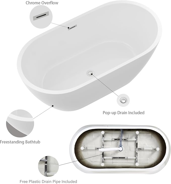 Logmey 59 Inch White Acrylic Freestanding Bathtub - Image 4