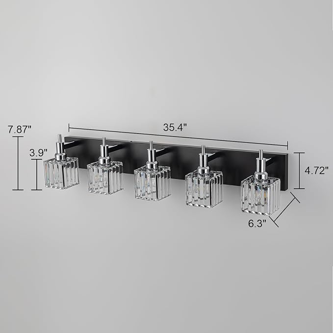 Black Chrome Bathroom Vanity Lights, 5 Lights Modern Crystal Bathroom Lighting - Image 6