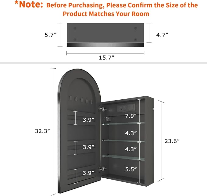 FKWin Black Mirror with Medicine Cabinet and Power Outlet, not Recessed - Image 2