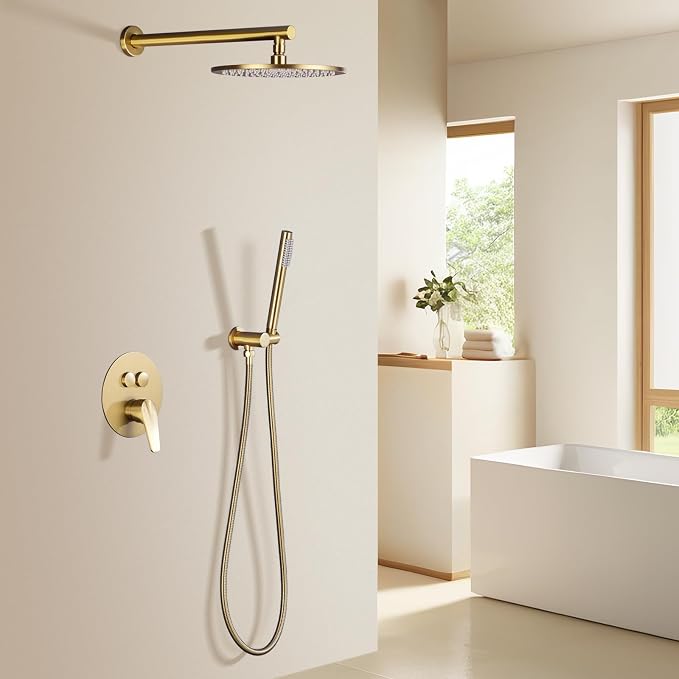 TRUSTMI Push Button Shower System, Brushed Brass Gold 10 Inch Rainfall Shower - Image 2