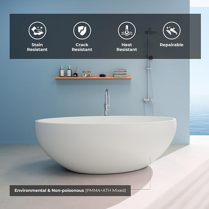 Upgraded 67" Stone Resin Freestanding Bathtub, Oval Solid Surface Extra Wide Tub - Image 2