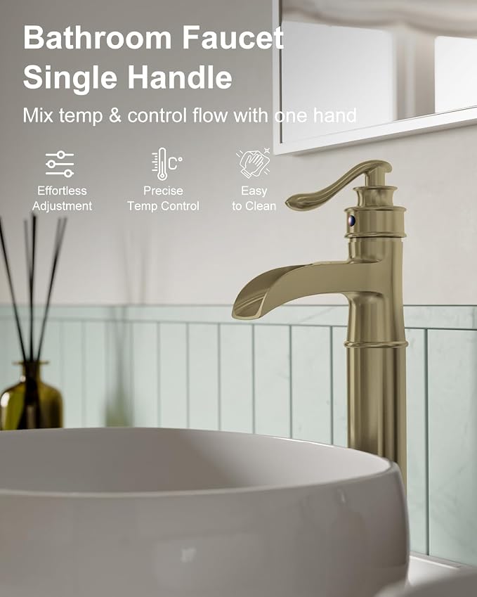 BWE Vessel Sink Faucet Brushed Gold Waterfall Bathroom Sink Faucet Single - Image 8