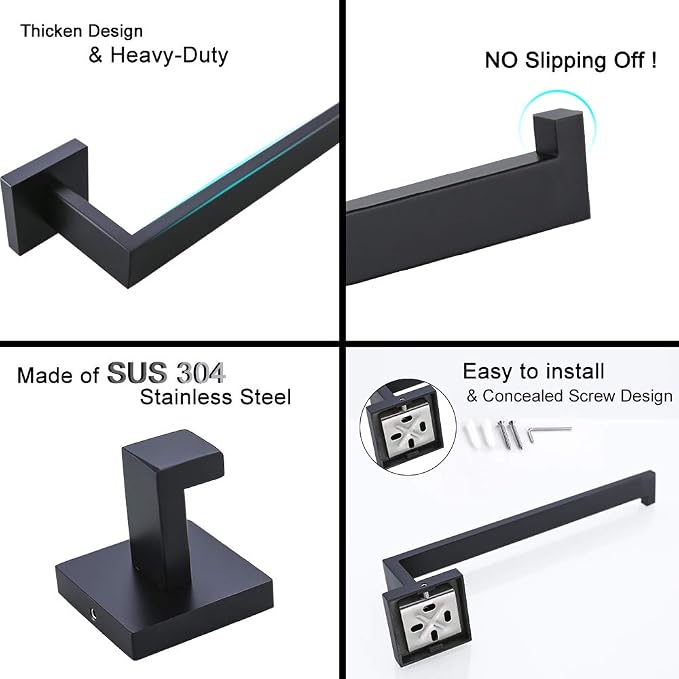 TURS 4 Pieces Bathroom Hardware Accessories Set Matte Black 16 Inch Towel Bar - Image 5