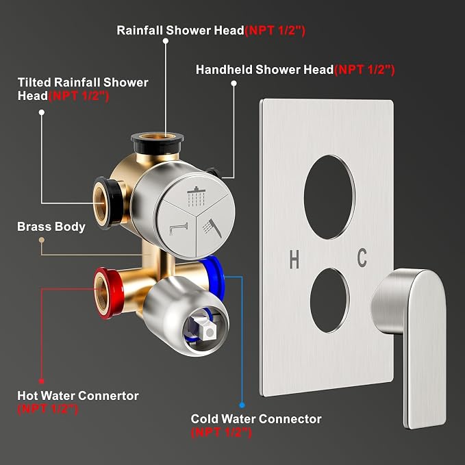 Shower Faucet Set, 3-Setting Push Button Brushed Nickel Shower System, 12 Inch - Image 6