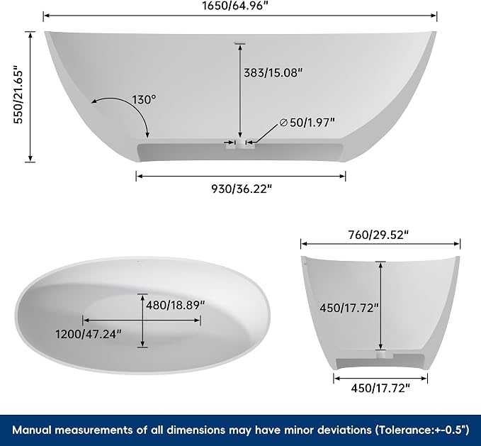 65" Premium Solid Surface Freestanding Bathtub, Upgraded Inside White and - Image 4