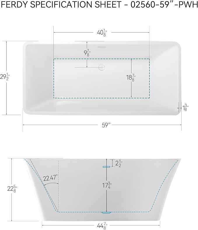 FerdY Sentosa 59" Acrylic Freestanding Bathtub, Contemporary Design Soaking Tub - Image 7