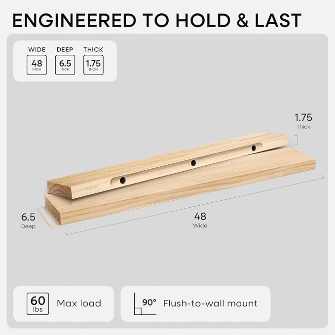 Homeforia 48 inch Natural Floating Shelf, High End Solid Real Wood 48inch Small - Image 2
