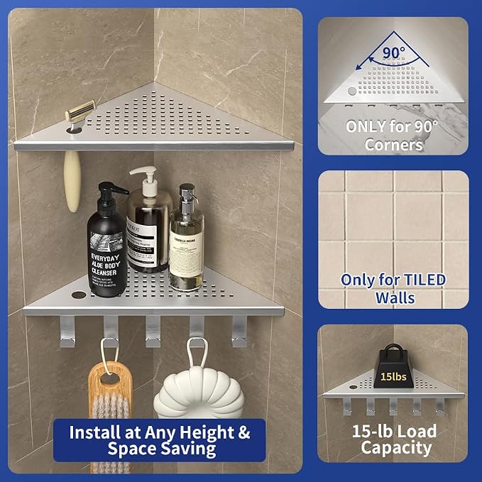 Grout in Shower Shelves with Hooks, 304 Stainless Steel Corner Bathroom Shelf - Image 3