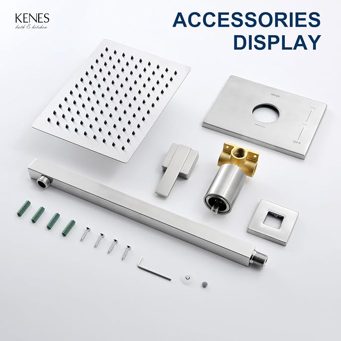 KENES Brushed Nickel 10-Inch Shower Head and Handle Set, Square Shower Faucet - Image 8