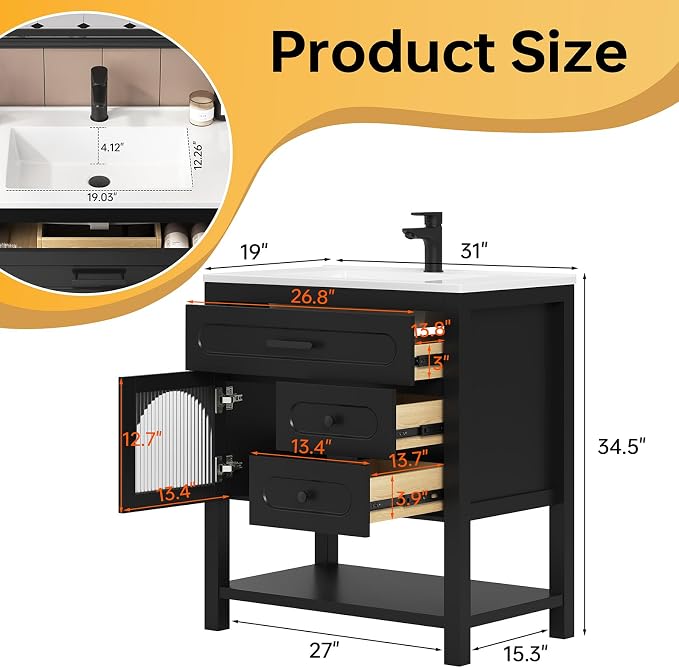 30 Inch Bathroom Vanity with Sink, Modern Bathroom Sink Cabinet with - Image 2