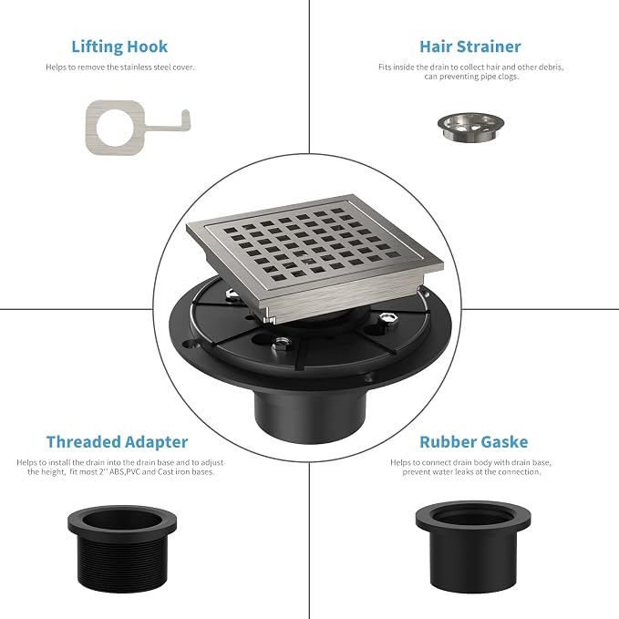 4 Inch Square Shower Floor Drain, Brushed Nickel High Flow Shower Drain Kit - Image 4