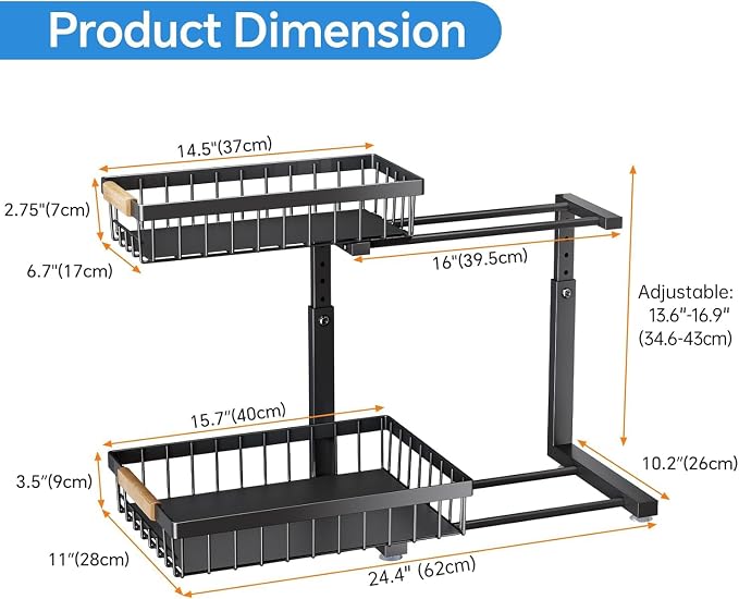 PXRACK 1 Pack Under Sink Organizer, Adjustable Height, 2 Tier Pull Out Under - Image 7