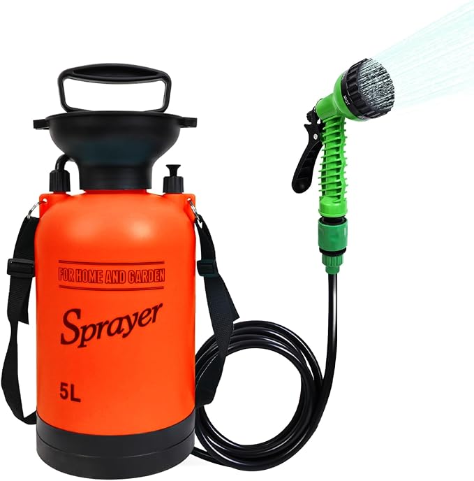 Portable Shower Orange 5L with 7 Spray Modes, Hand Press with Removable Hose by JIESIHAO
