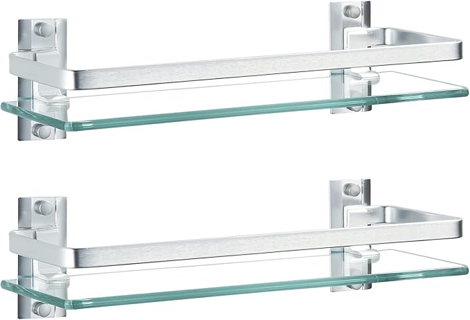 AIJALY 2 Pack Bathroom Glass Shelf, 15.7 Inches Silver Bathroom Shower Glass by AIJALY