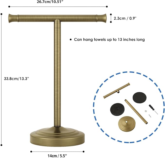 RUMOSE 13 Inch Antique Brass Towel Bar Stand Hand Holder Bathroom Kitchen - Image 7