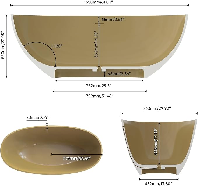 61" Premium Solid Surface Freestanding BathTubs, Upgraded Camel Design Stand - Image 4