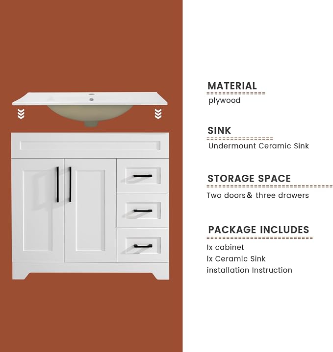 36" Bathroom Vanity with Sink Top, 2 Soft Closing Doors & 3 Full Extension - Image 4
