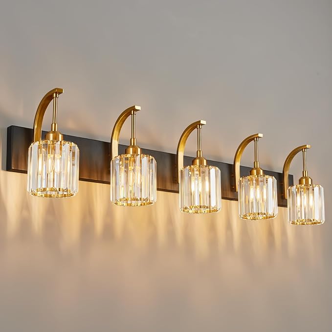 5-Light Crystal Vanity Light, Modern Black Gold Bathroom Wall Sconce by FDPBY